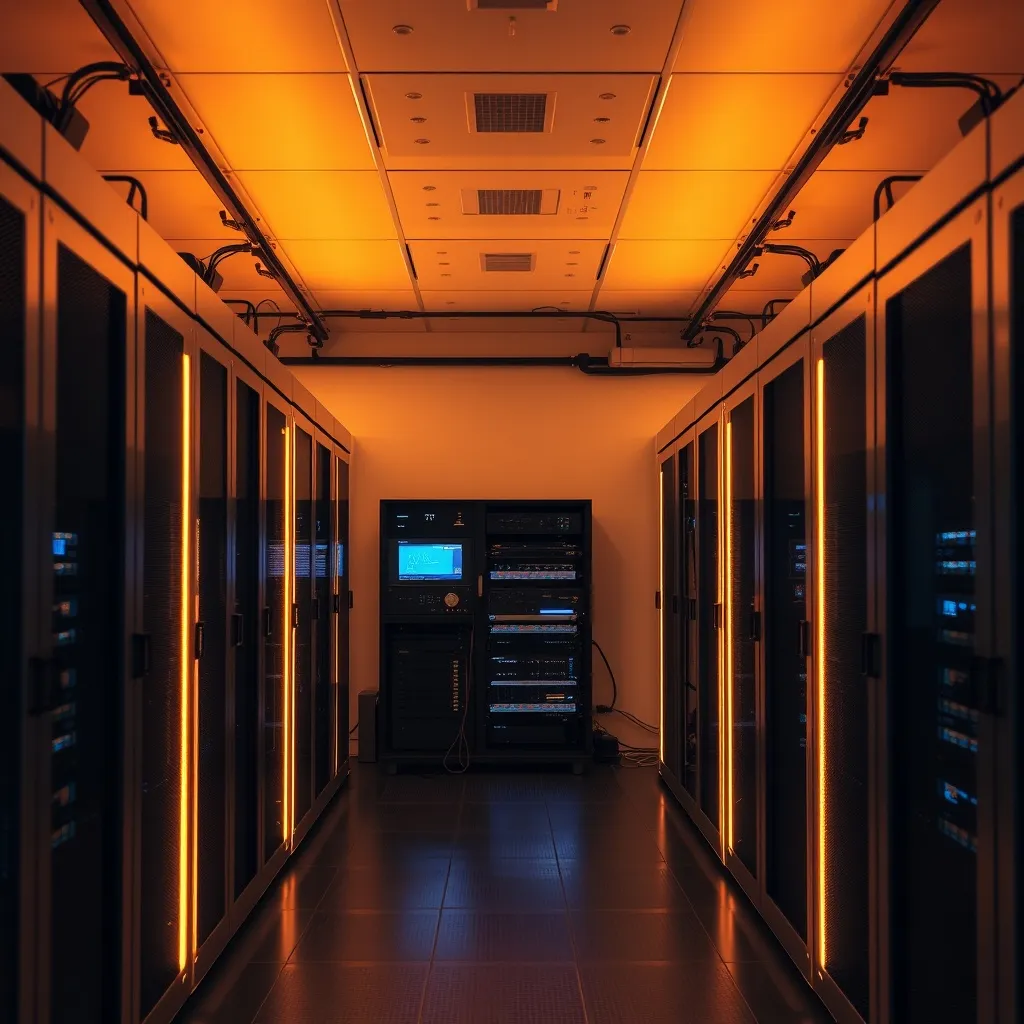 A modern server room with subtle warm lighting, industrial m