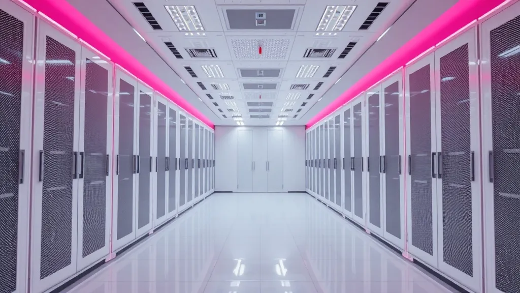 High-tech server room with clean white hardware and soft pin